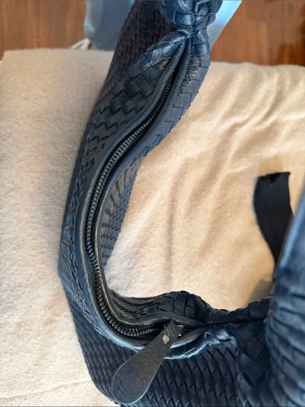 Classic Navy Woven Hobo Shoulder Bag- 100% Leather